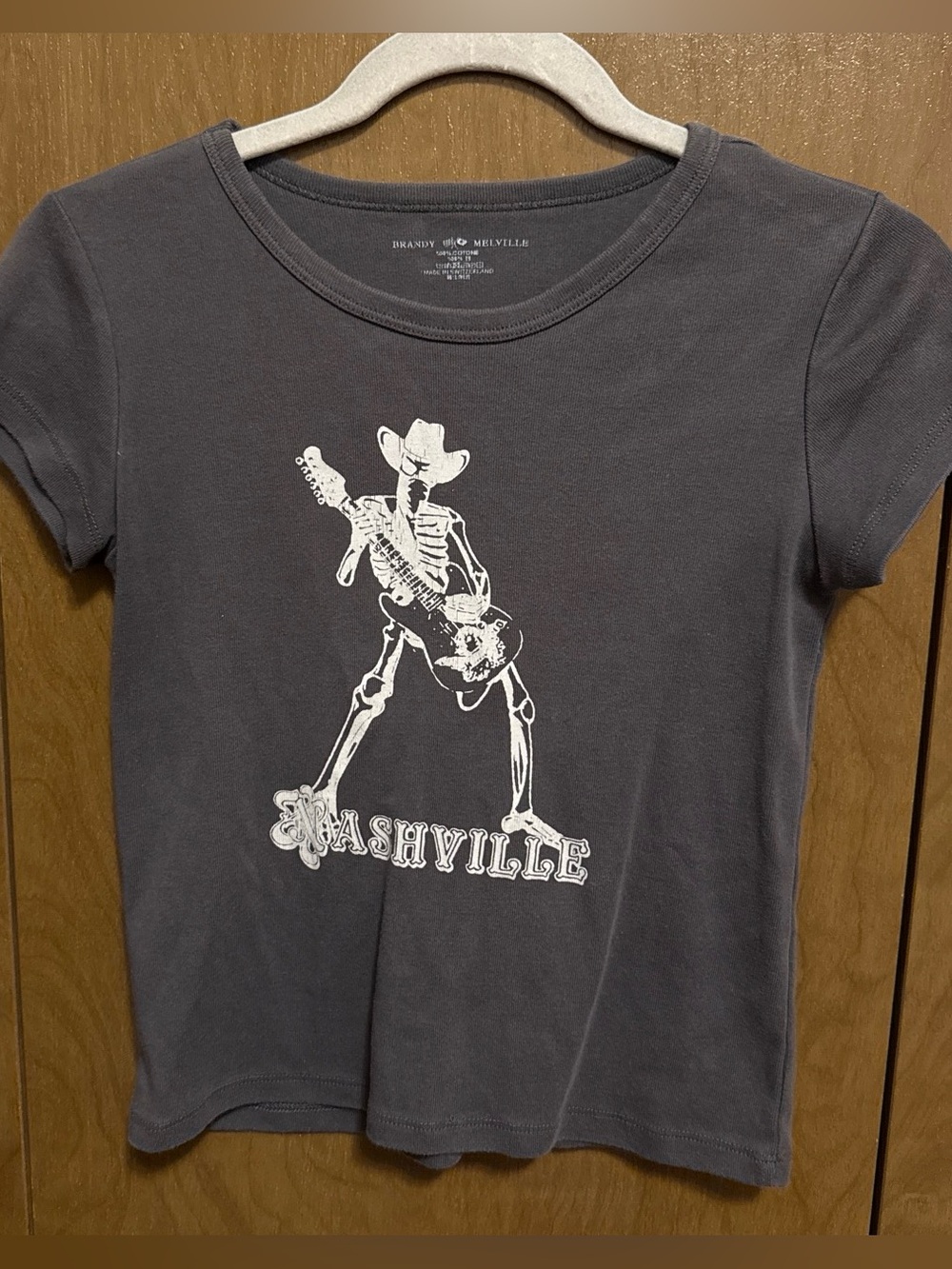Brandy Melville Charcoal Tee with White Nashville Skeleton Graphic